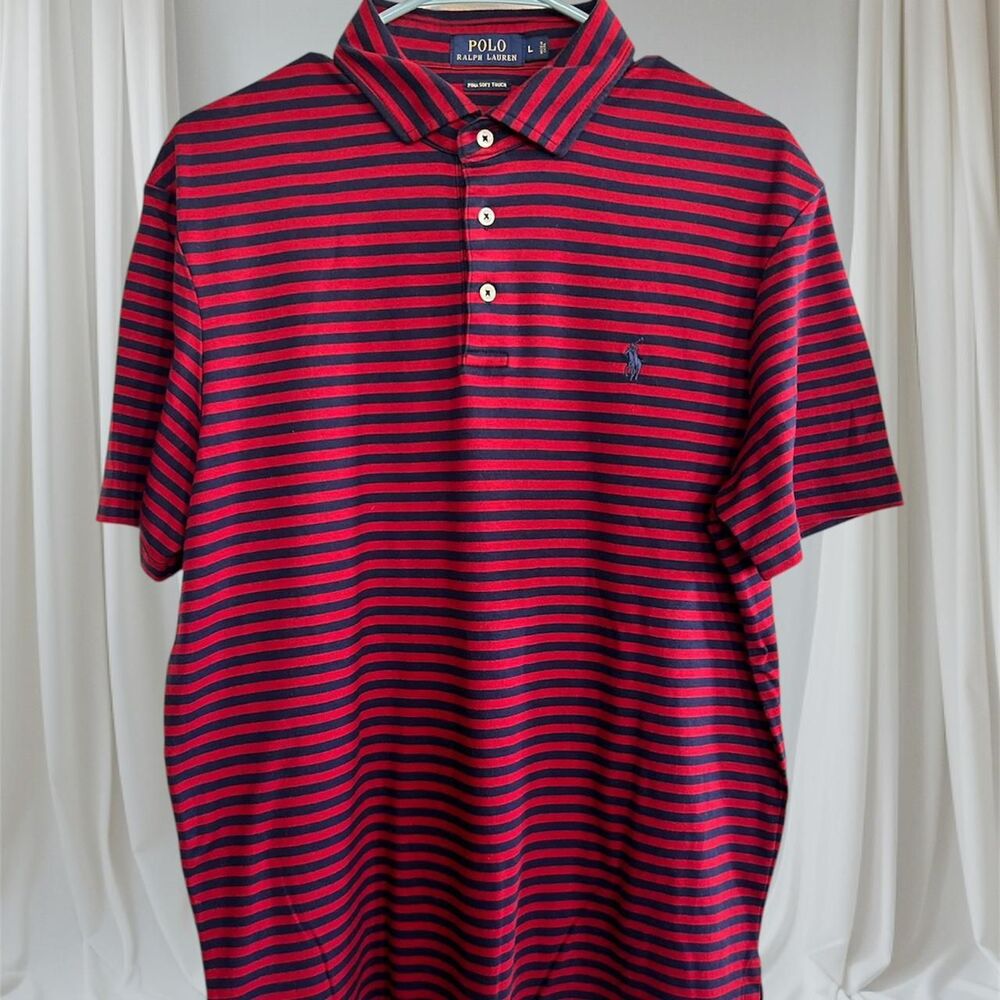 Polo Ralph Lauren Men's Large Red Blue Striped Cotton Polo Shirt Navy Pony Logo